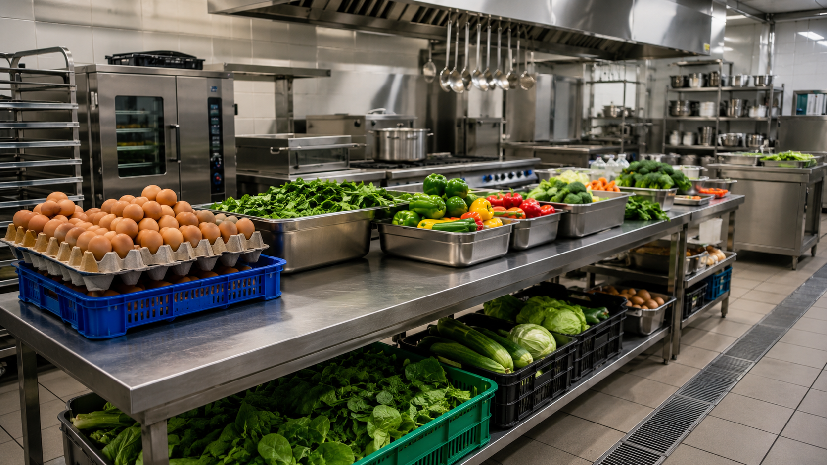 Cuisine de restauration collective, plans de travail en inox couverts de casiers d'oeufs frais et de bacs de produits frais, sans personne