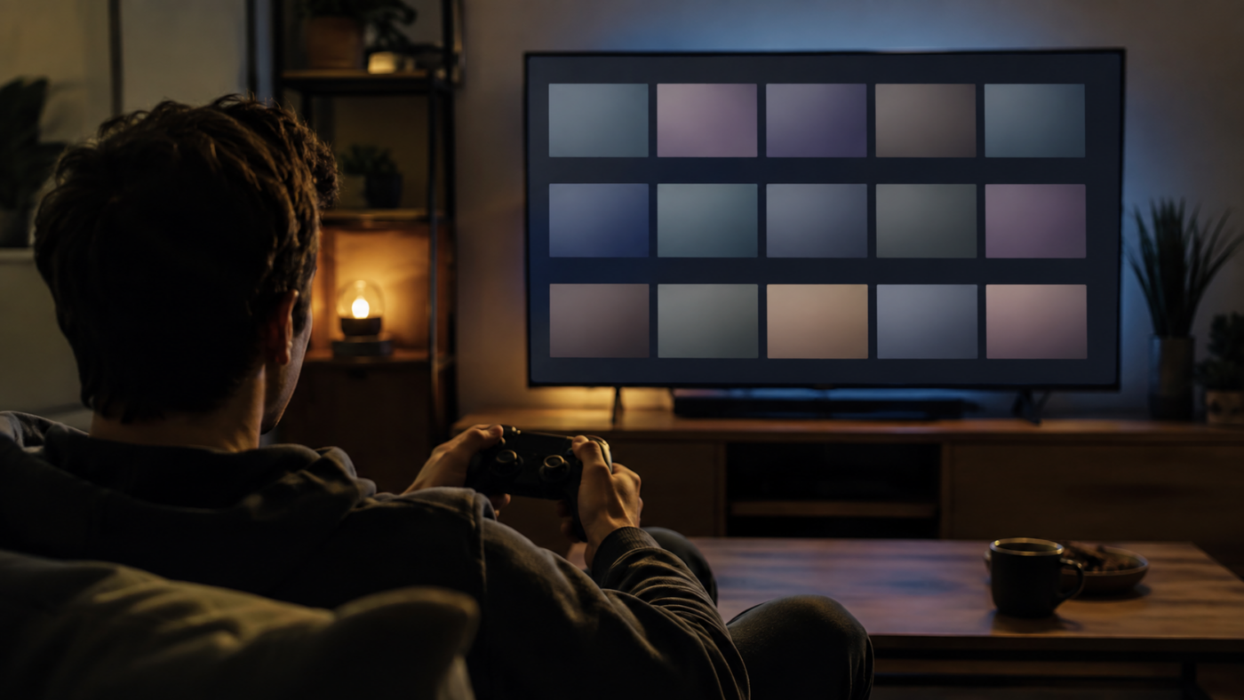 Main tenant une manette de jeu devant un écran de télévision affichant une grille de boutique en ligne vide, salon dans la pénombre