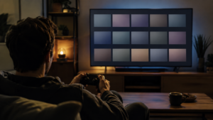 Main tenant une manette de jeu devant un écran de télévision affichant une grille de boutique en ligne vide, salon dans la pénombre