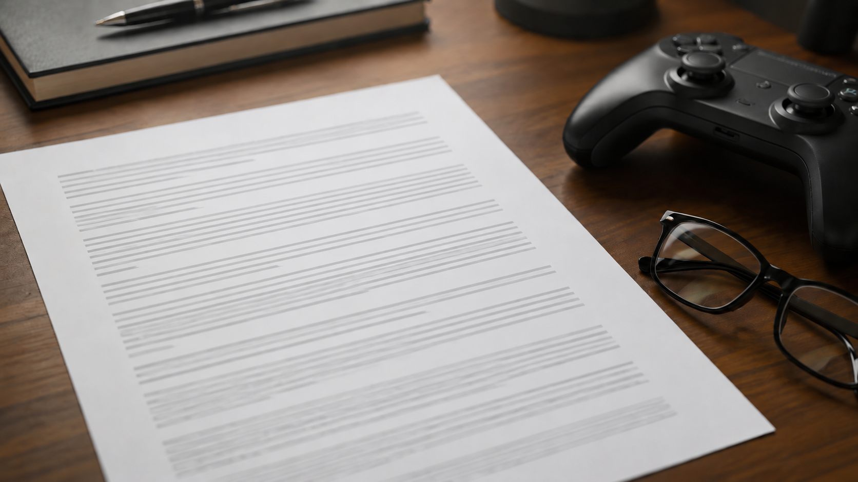 Page de conditions générales imprimée posée sur un bureau, à côté de lunettes de lecture et d’une manette de jeu
