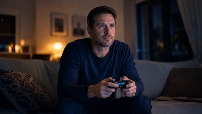 Homme d’une quarantaine d’années assis sur un canapé, manette de jeu en main, éclairé par la lueur d’un écran hors champ.