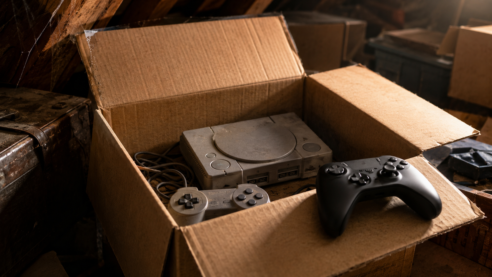 Vieille console grise des années 1990 et sa manette filaire dans un carton de grenier, une manette sans fil moderne posée sur le rabat.