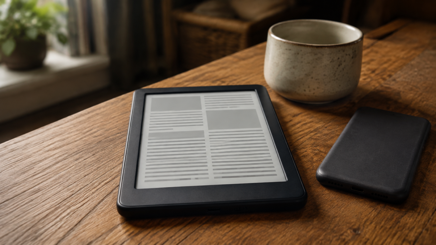 Petite liseuse à encre électronique posée sur une table en bois, affichant une page de texte en colonnes, à côté d’une tasse et d’un téléphone retourné écran vers le bas.