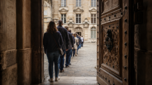 Une lourde porte ancienne ouverte sur une cour pavée, une file de visiteurs de dos attend sur le trottoir.