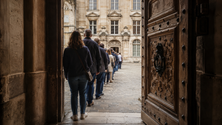 Une lourde porte ancienne ouverte sur une cour pavée, une file de visiteurs de dos attend sur le trottoir.