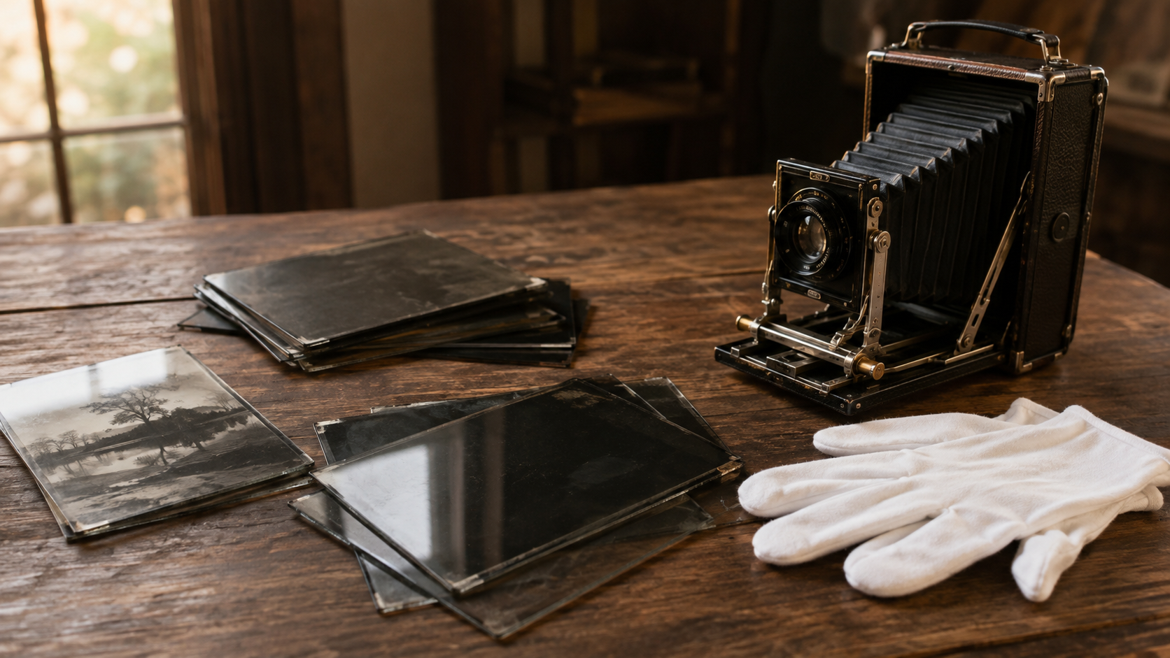 Plaques de verre photographiques anciennes et chambre à soufflet posées sur une table, gants de coton à côté.
