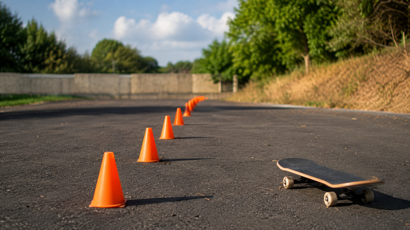 Alignement de cônes orange sur l’asphalte d’un parcours de slalom en skateboard, planche posée sur le côté.