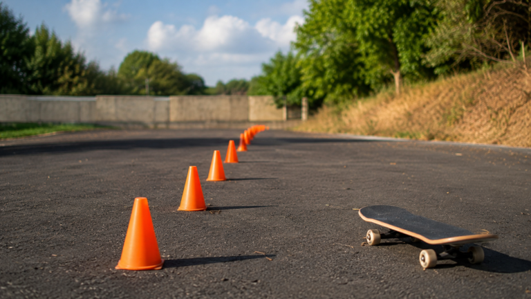 Alignement de cônes orange sur l’asphalte d’un parcours de slalom en skateboard, planche posée sur le côté.