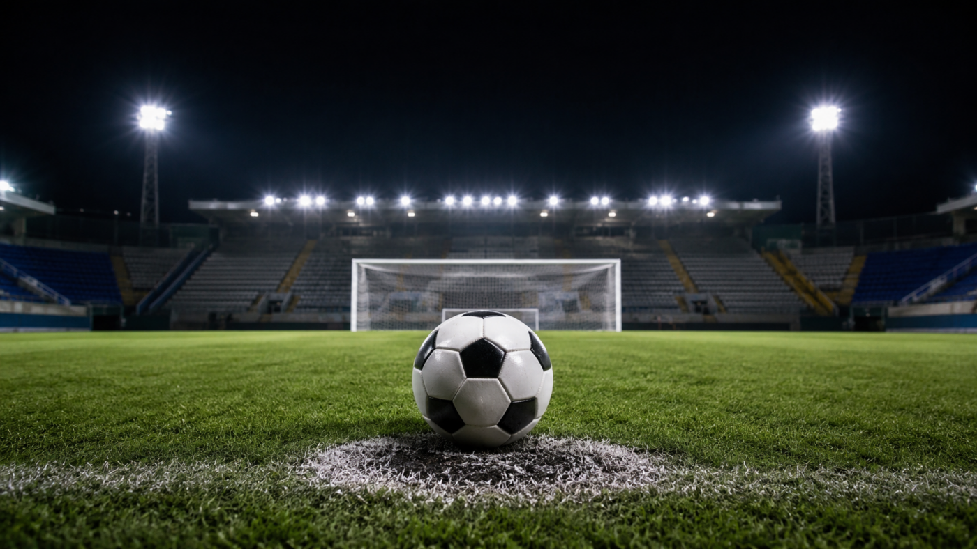 Ballon de football posé sur le point de penalty dans un stade de province presque vide, éclairé par les projecteurs la nuit