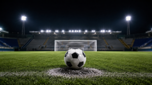 Ballon de football posé sur le point de penalty dans un stade de province presque vide, éclairé par les projecteurs la nuit