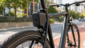 Boîtier de conversion électrique à galet monté sur la fourche d'un vélo de ville, le galet pressé contre le pneu avant, le long d'une piste cyclable.