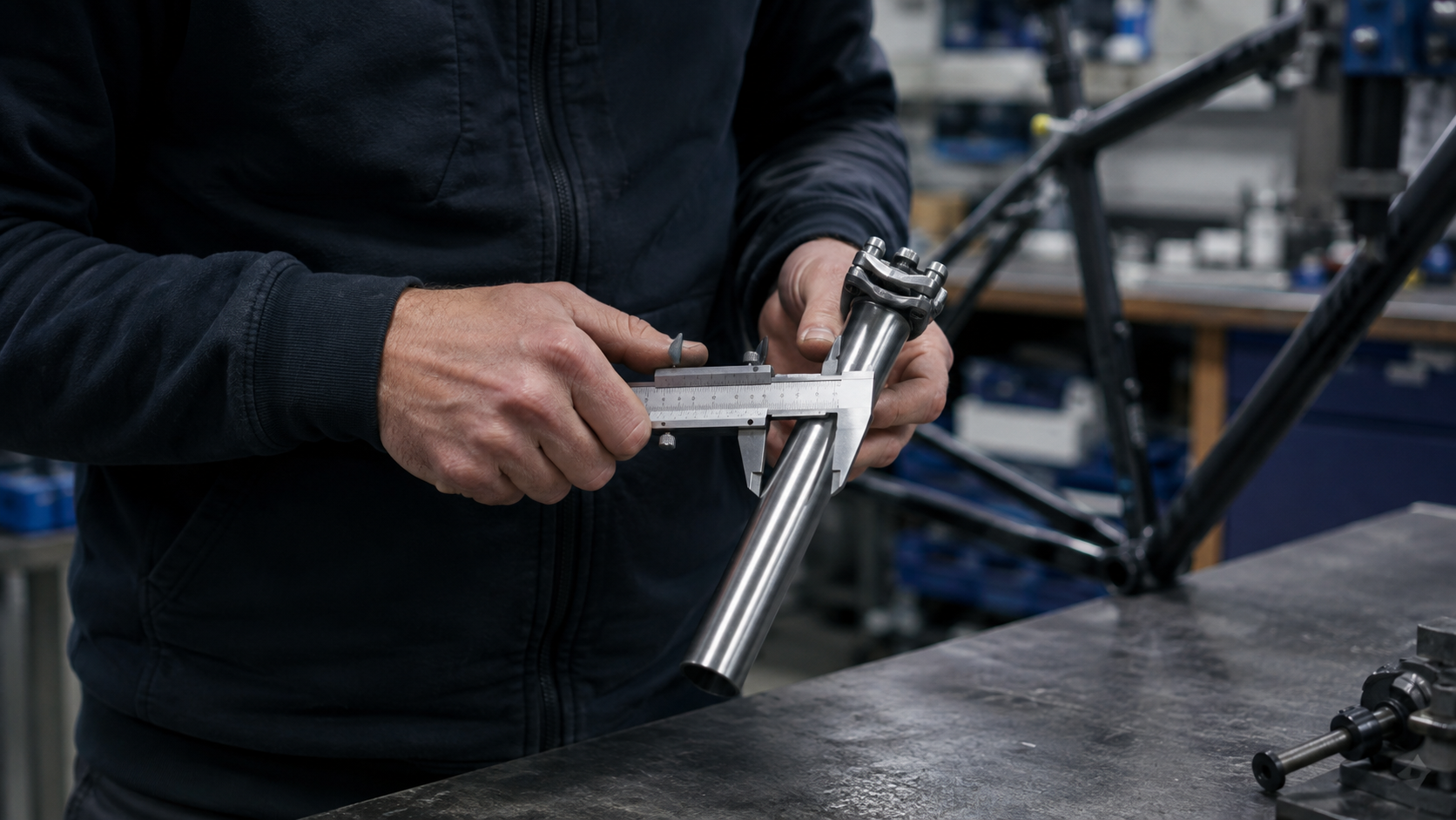 Des mains mesurent au pied à coulisse le diamètre d’une tige de selle de vélo, dans un atelier