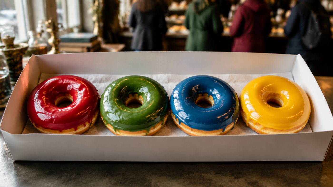 Quatre donuts glacés rouge, vert, bleu et jaune alignés dans une boîte blanche posée sur un comptoir de café, file d’attente floue en arrière-plan.