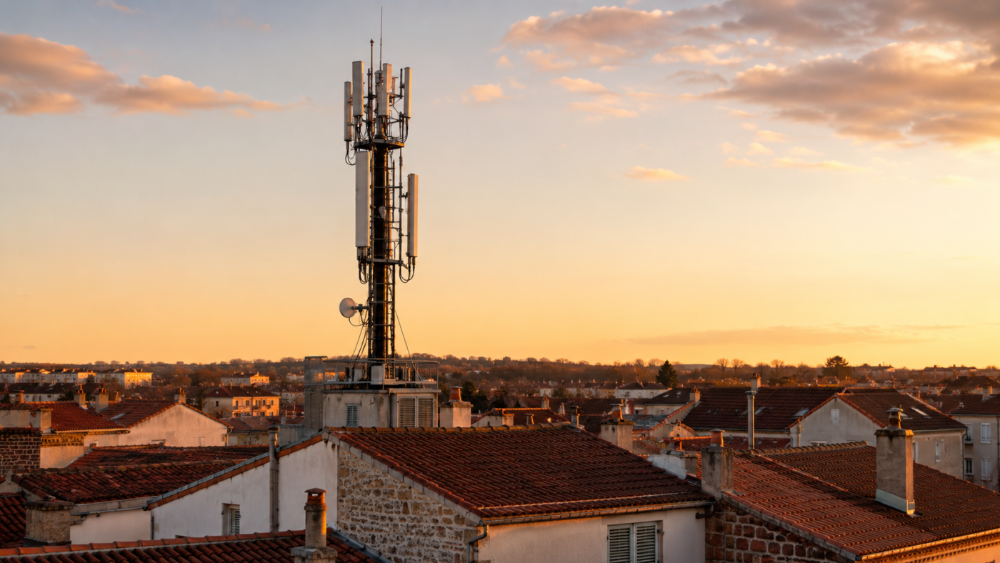 Un mât d’antenne mobile dressé au-dessus des toits de tuiles d’une petite ville française à la lumière du soir