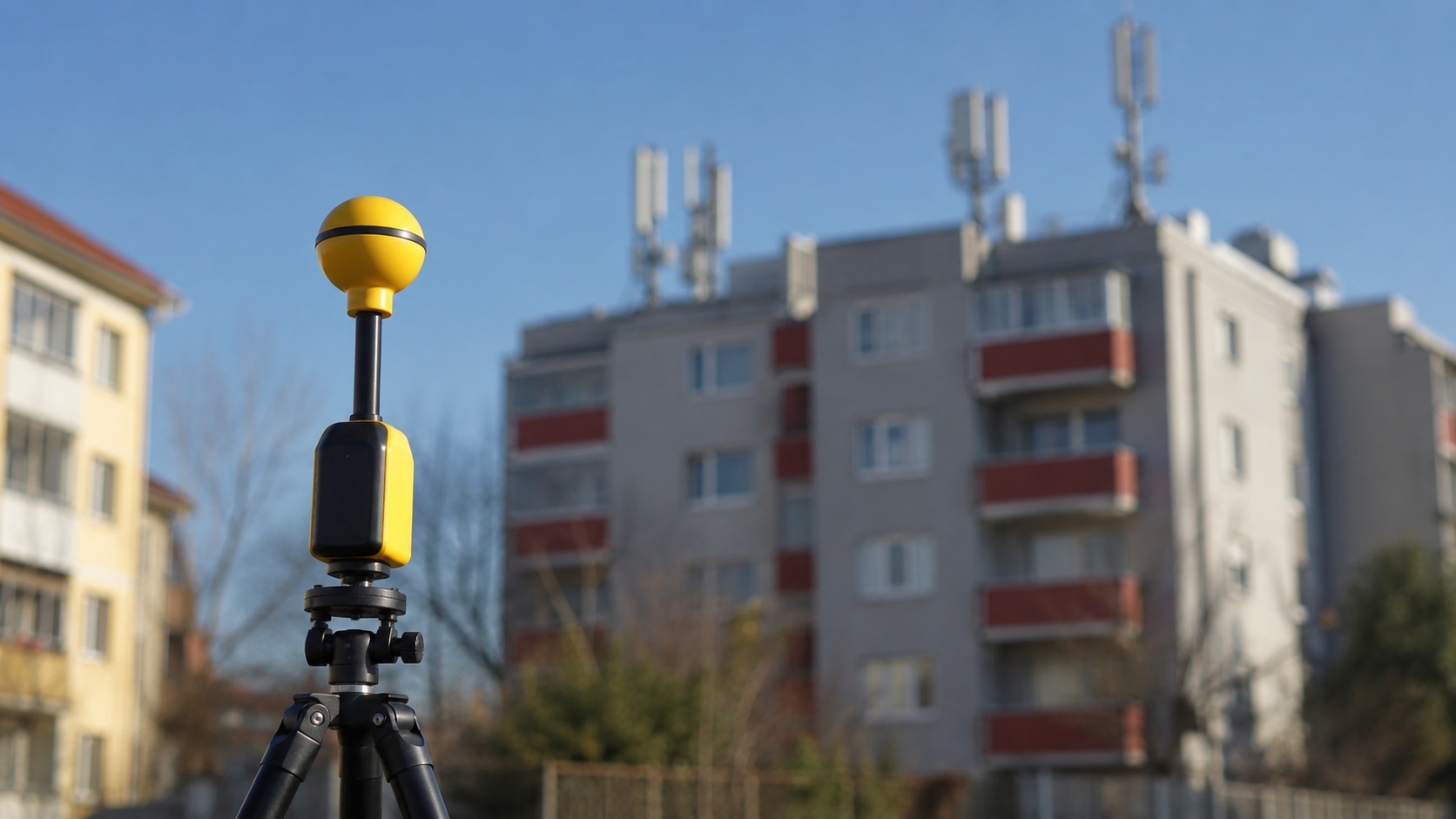Sonde de mesure de champ électromagnétique sur un trépied dans une rue résidentielle, immeuble et antennes de toit flous à l’arrière-plan