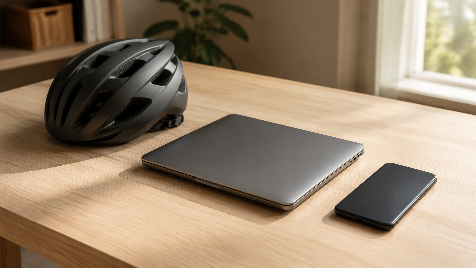 Un casque de vélo, un ordinateur portable fermé et un téléphone posés sur une table claire, sans marque visible.