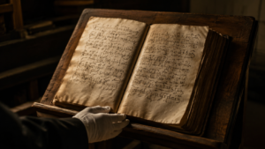 Volume manuscrit médiéval ouvert sur un lutrin de bois dans une salle d’archives sombre, une main gantée posée au bord de la page.