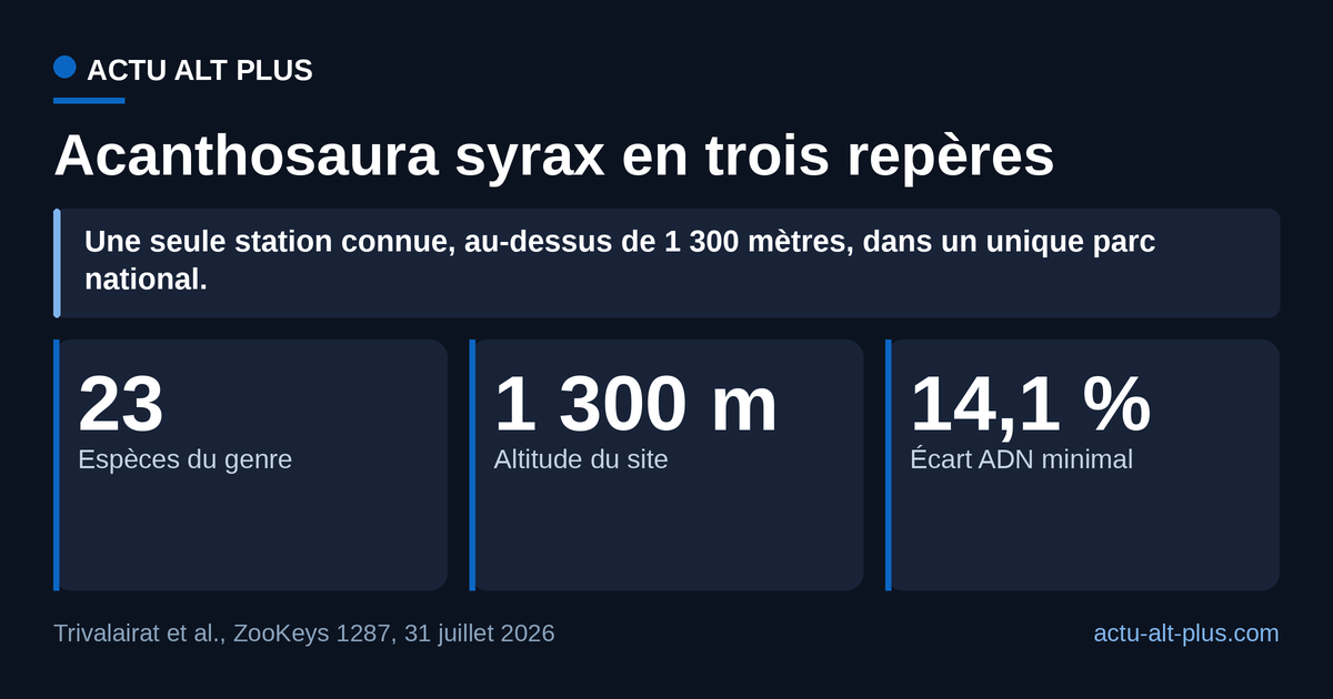 Trois cartes chiffrées : 23 espèces dans le genre Acanthosaura, 1 300 mètres d’altitude pour le seul habitat connu, 14,1 % d’écart génétique minimal avec les congénères.