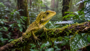 Petit lézard jaune-vert aux épines dressées sur la nuque, posé sur une branche moussue dans une forêt tropicale d’altitude.