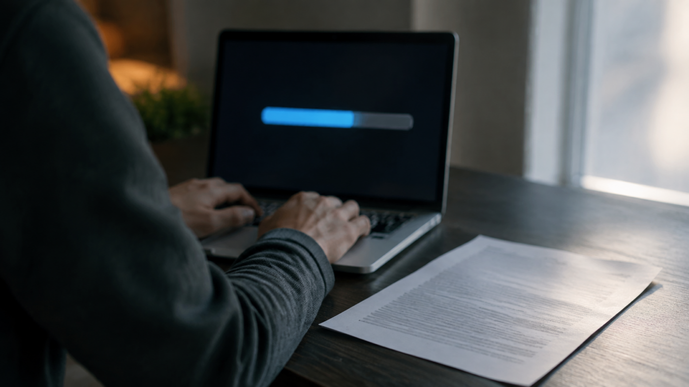 Mains posées sur le clavier d’un ordinateur portable pendant un téléchargement, écran flou en arrière-plan