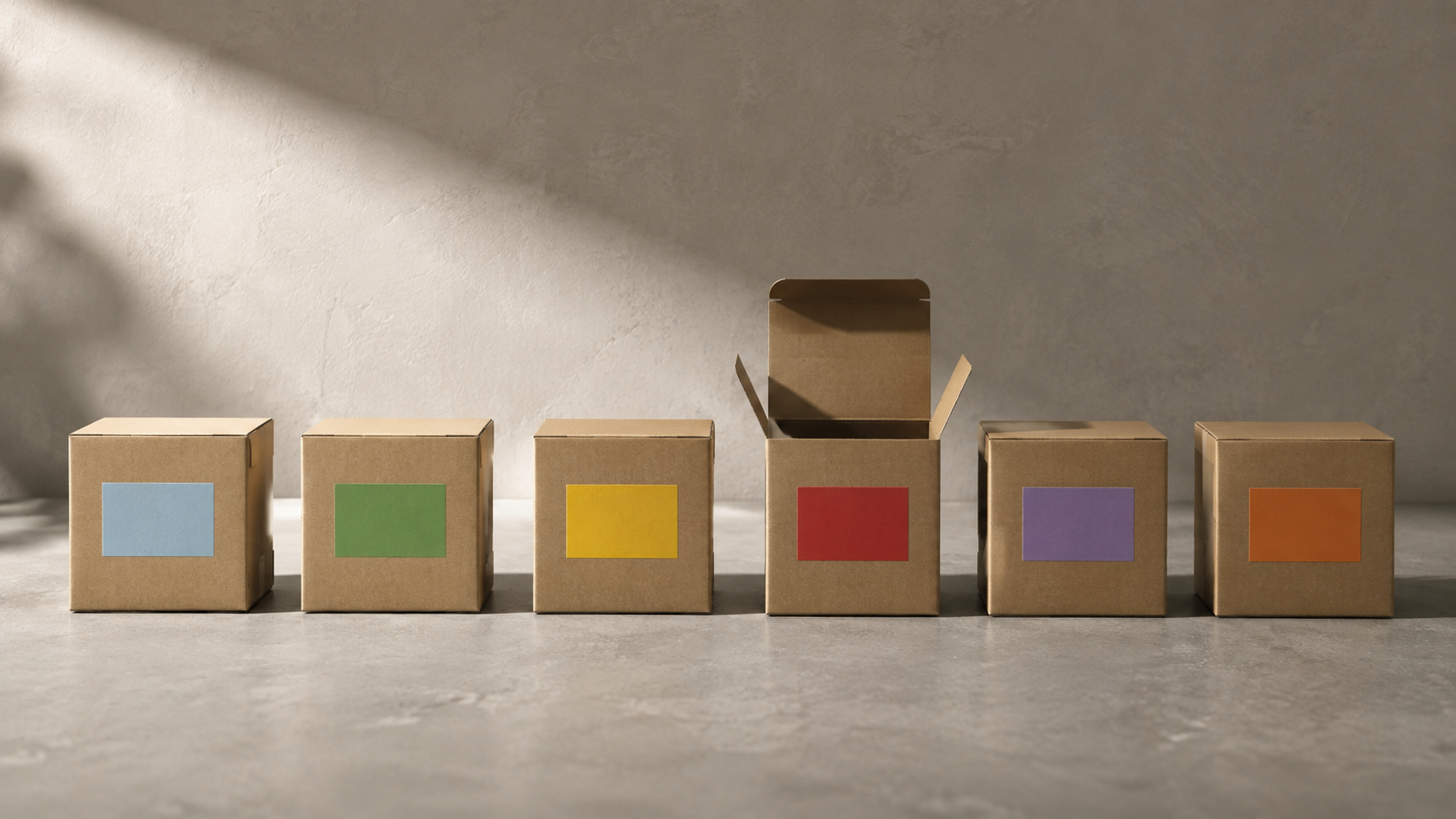 Six boîtes en carton identiques alignées sur une table, chacune portant une étiquette de couleur différente, l’une d’elles ouverte et vide