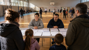 Table d'inscription d'un club omnisports couverte de formulaires de licence, deux bénévoles face à des familles qui patientent dans un gymnase.