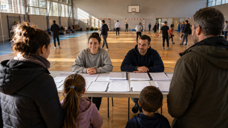 Table d'inscription d'un club omnisports couverte de formulaires de licence, deux bénévoles face à des familles qui patientent dans un gymnase.