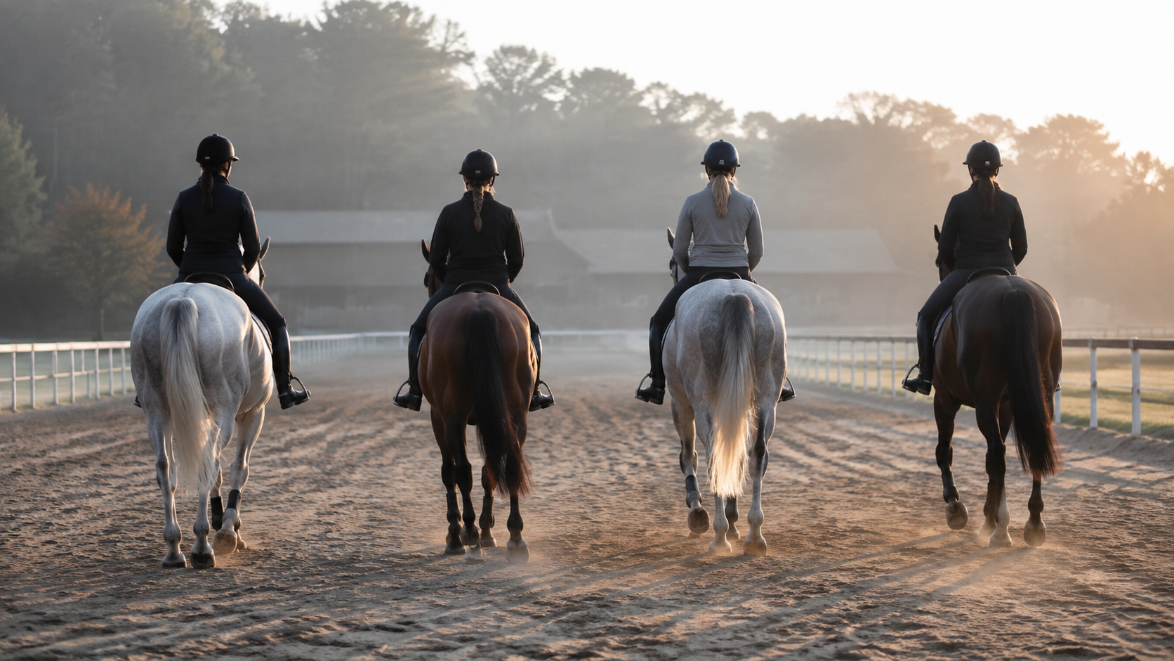 Quatre cavalieres vues de dos alignees au pas dans la carriere d'un centre equestre, tot le matin.