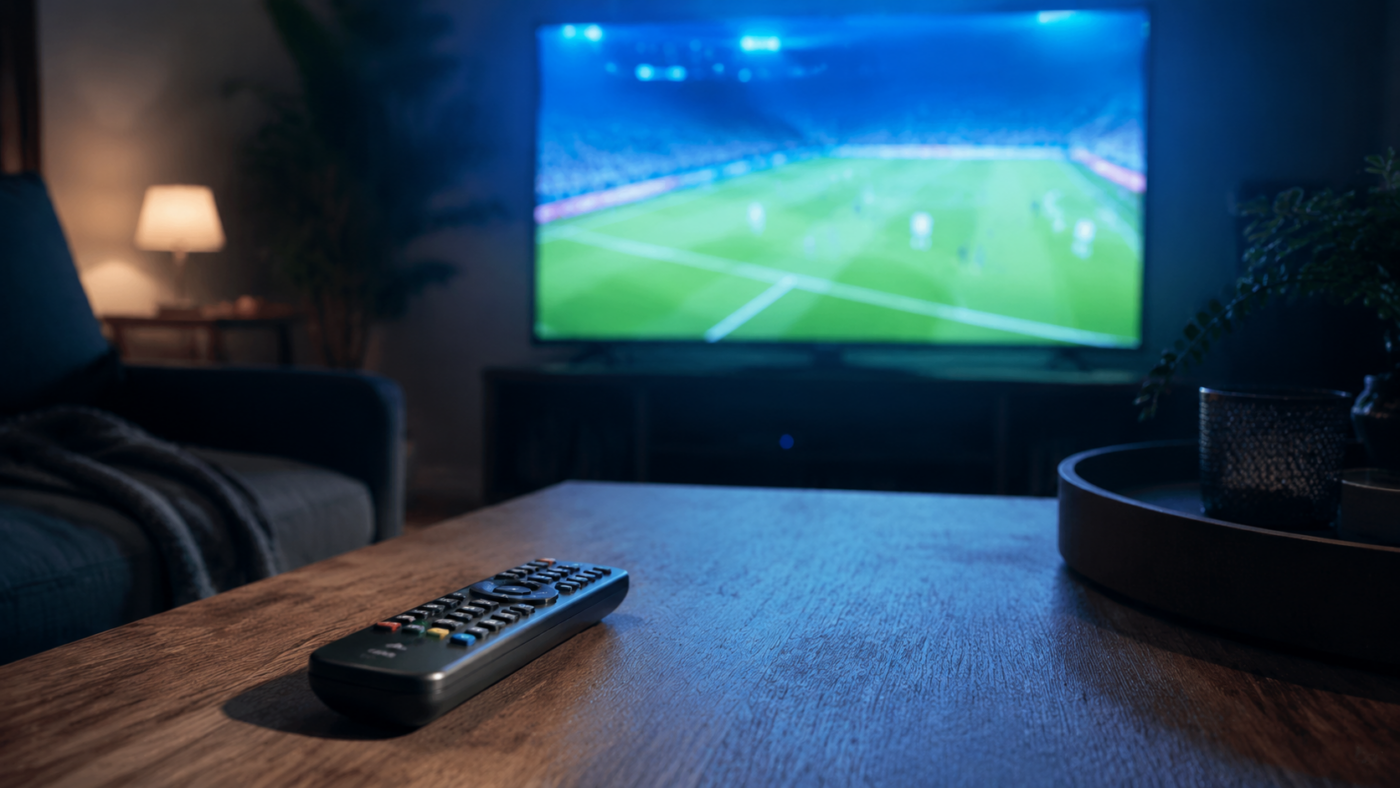 Un salon éclairé par l'écran d'un match de football diffusé en soirée, télécommande posée sur la table basse.