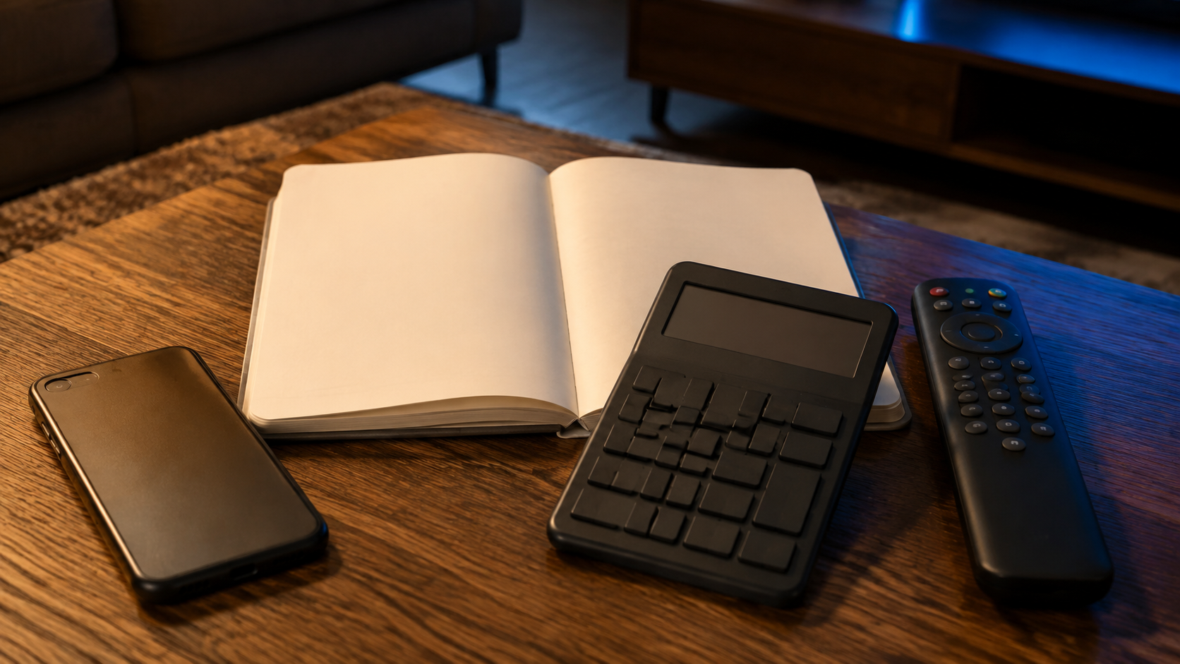 Une calculatrice et un carnet posés près d'une télécommande et d'un téléphone sur une table basse.