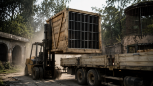 Grande caisse de transport en bois renforcé, barreaux d’acier sur la face avant, soulevée par un chariot élévateur vers un camion plateau, dans une enceinte poussiéreuse