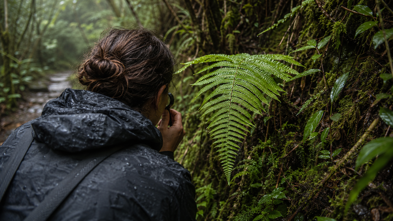 Une botaniste de dos examine à la loupe une fougère endémique sur un sentier forestier humide de La Réunion.