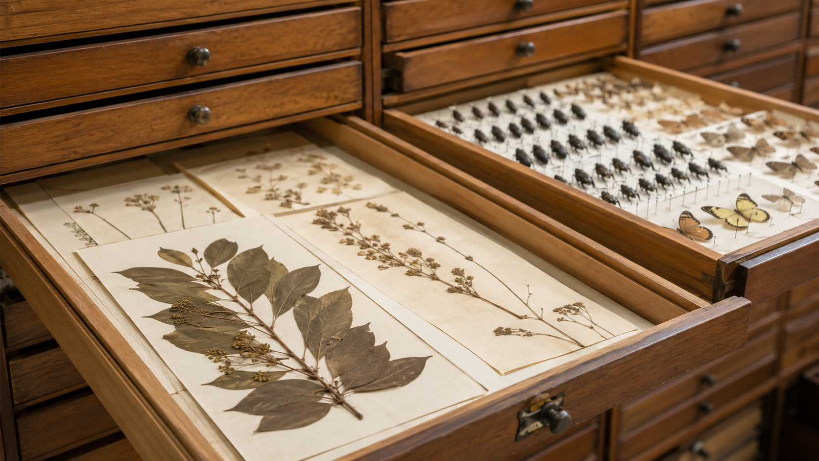 Tiroirs ouverts d’une collection d’histoire naturelle française, planches d’herbier et insectes épinglés alignés dans des meubles en bois.