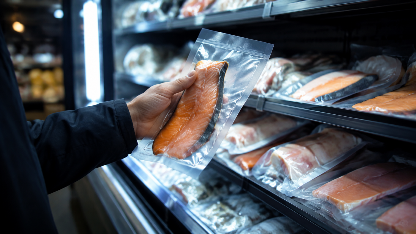 Main d’un client soulevant un sachet de poisson fumé sous vide dans un rayon réfrigéré de supermarché.