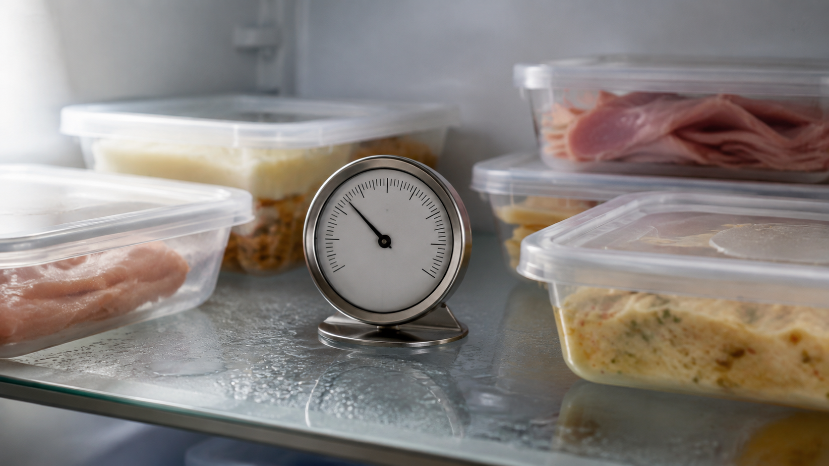 Intérieur d’un réfrigérateur ouvert avec un thermomètre posé sur une clayette en verre et des barquettes fermées.