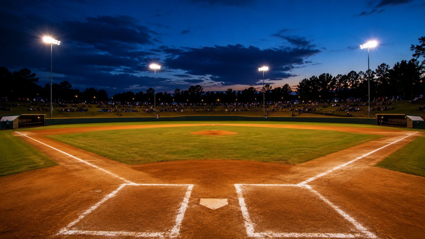 Petit stade de baseball pour jeunes joueurs éclairé au crépuscule, terrain en terre battue et gazon vide, spectateurs anonymes massés sur les talus au fond