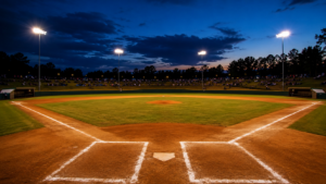 Petit stade de baseball pour jeunes joueurs éclairé au crépuscule, terrain en terre battue et gazon vide, spectateurs anonymes massés sur les talus au fond