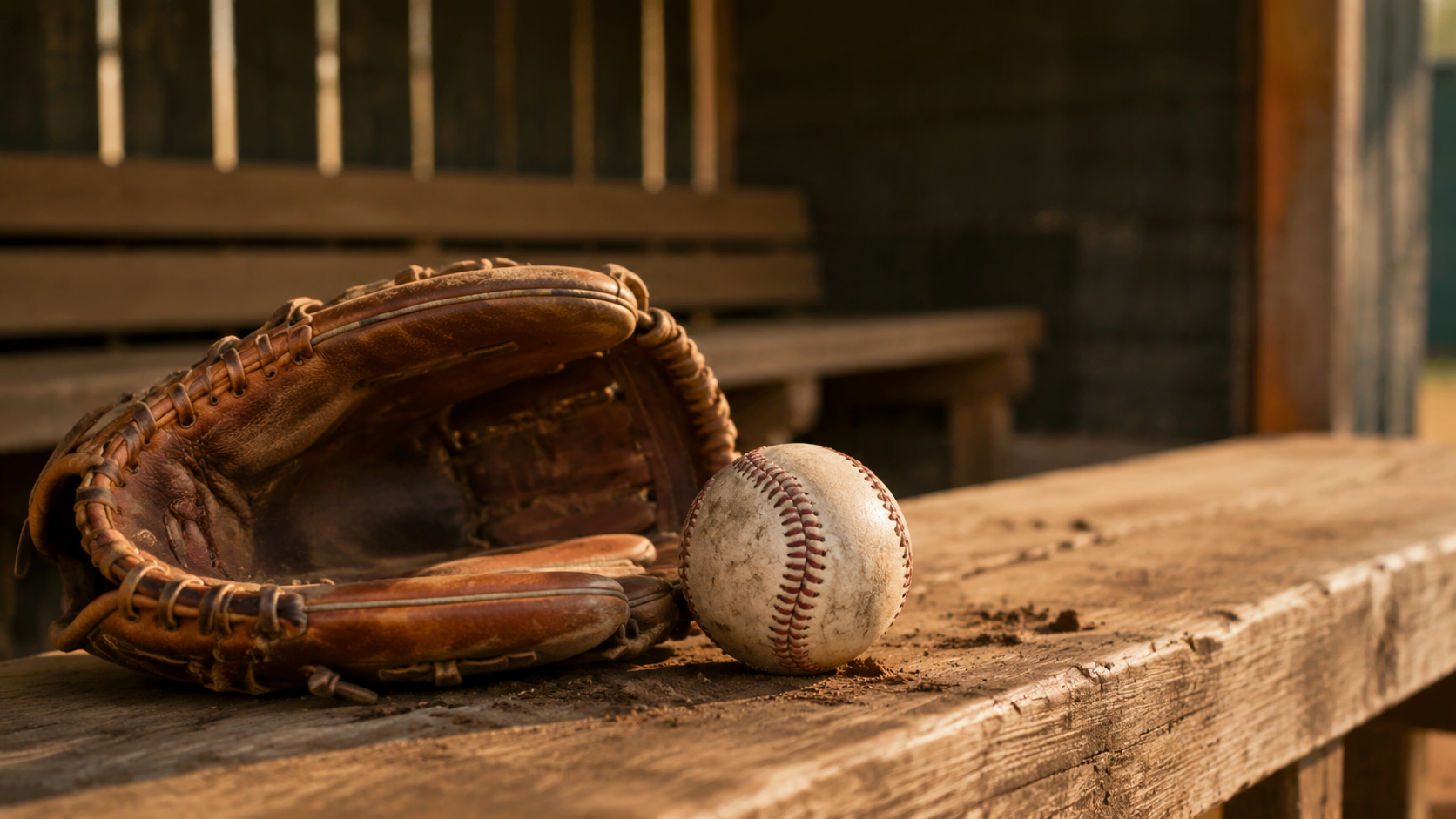 Gant de baseball de petite taille et balle usée posés sur un banc de bois dans un abri de joueurs, lumière rasante d’après-midi