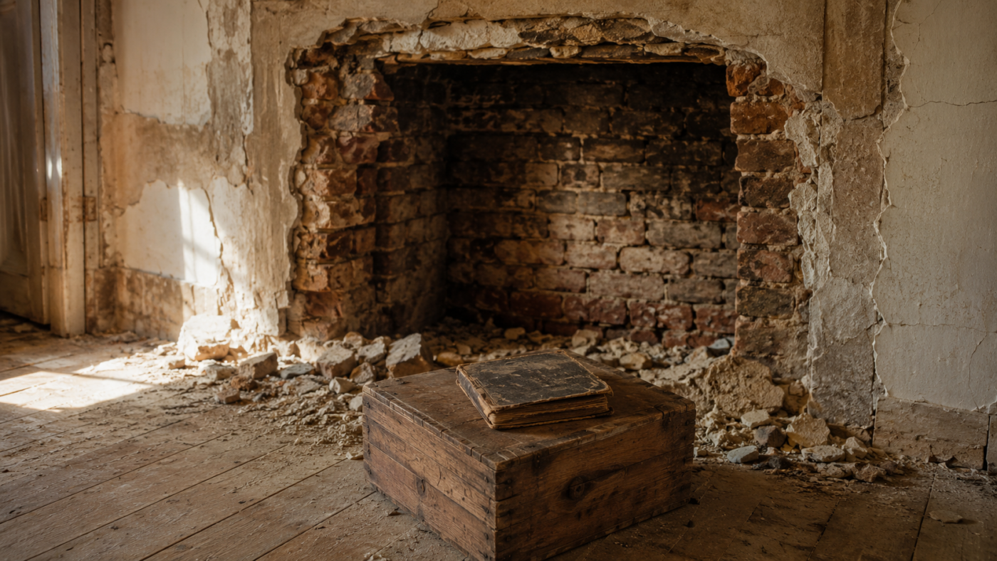 Cheminée murée ouverte pendant des travaux, une vieille caisse à thé sortie sur le plancher et un petit livre abîmé posé sur le couvercle.