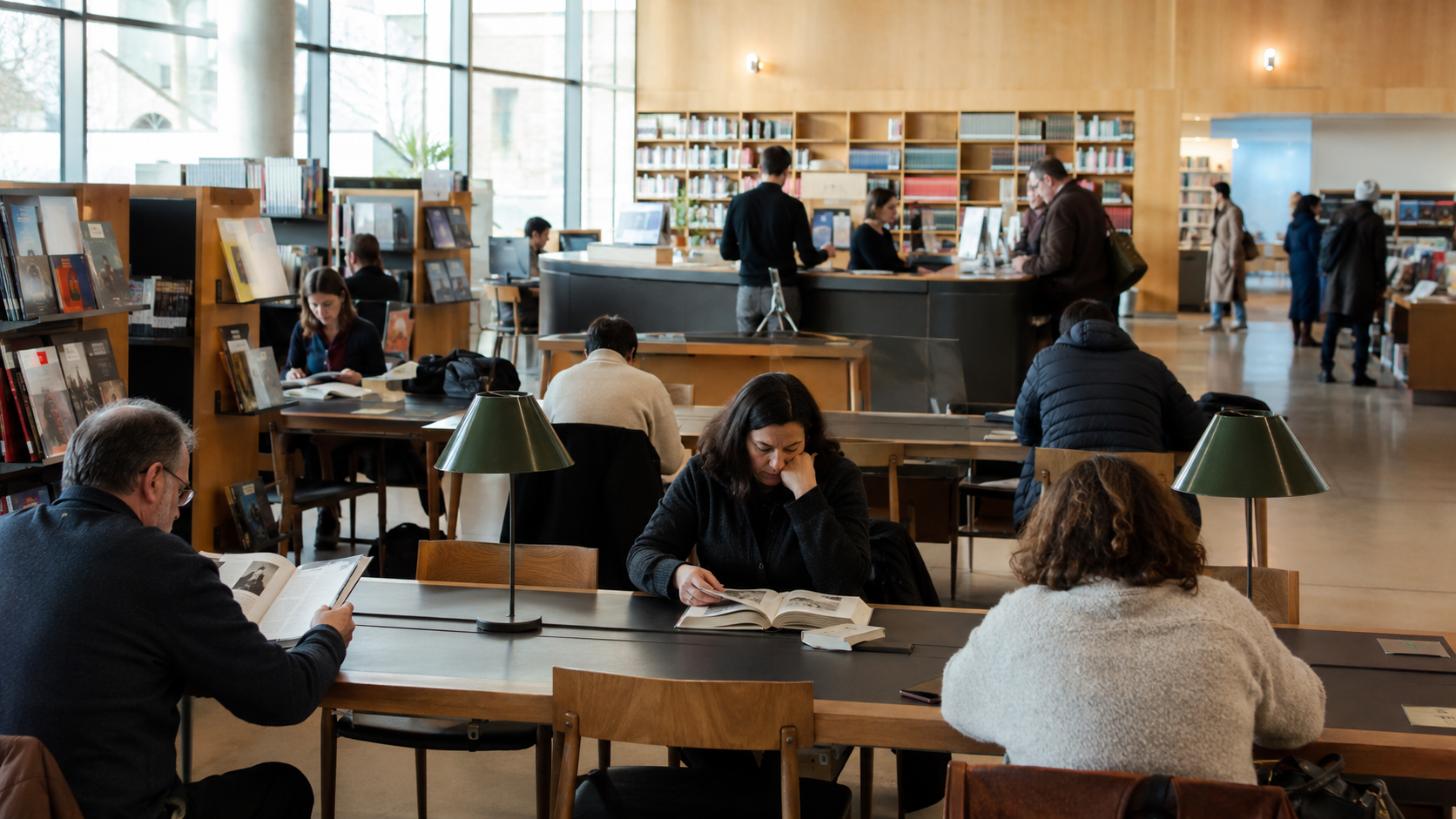 Salle de lecture d’une médiathèque française, banque de prêt et lecteurs installés aux tables.
