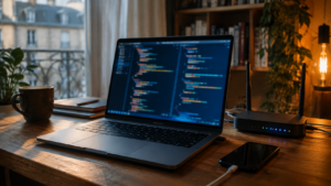 Ordinateur portable affichant des lignes de code sur un bureau en bois, à côté d’une box internet et d’un téléphone en charge.