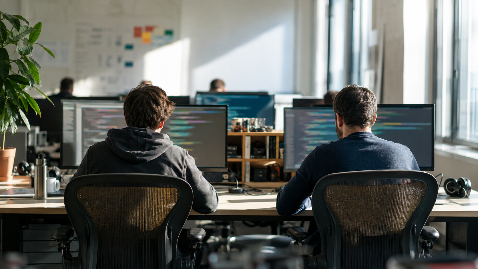 Deux développeurs vus de dos travaillent devant de grands écrans remplis de code dans un bureau lumineux.