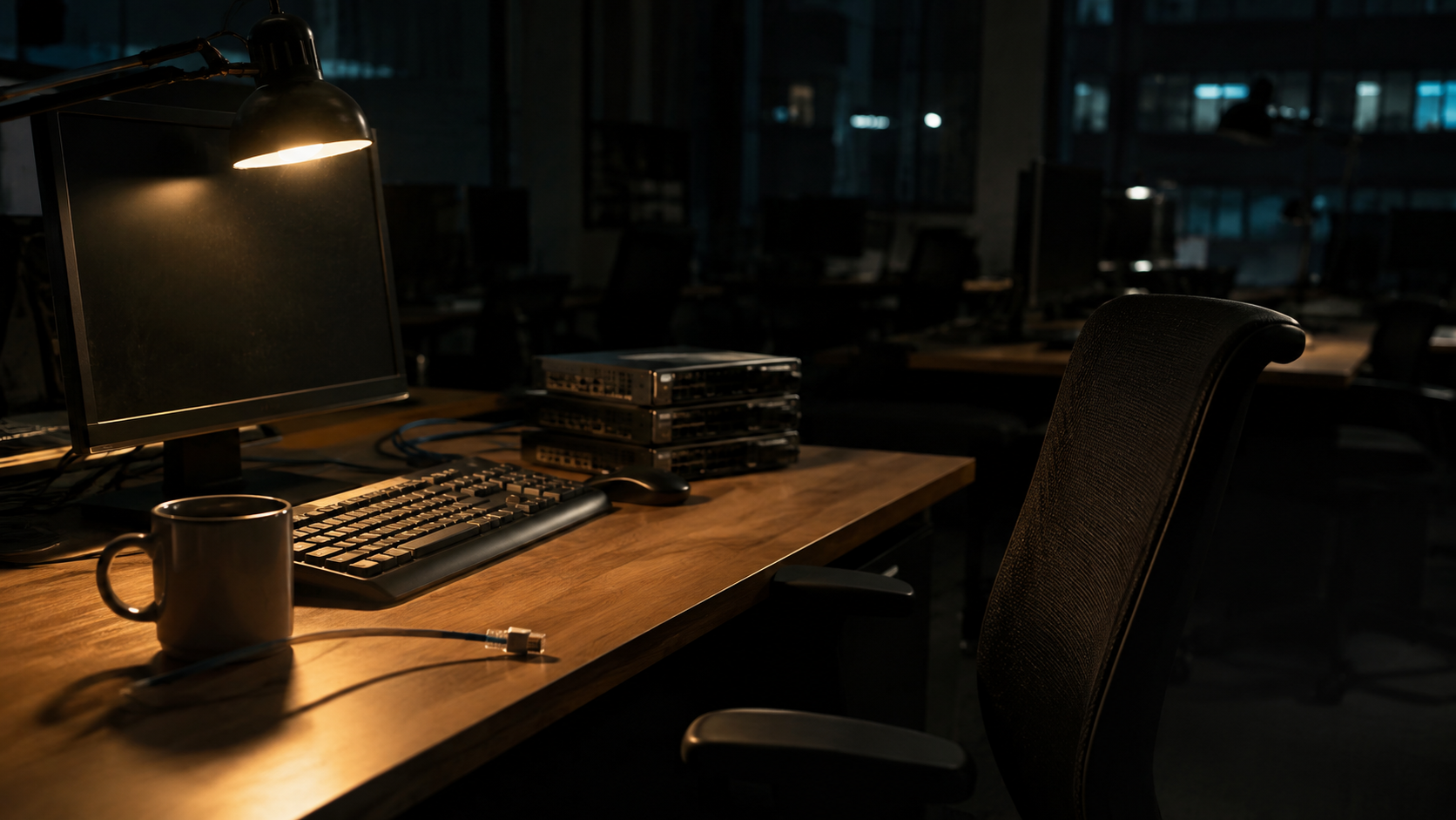 Une lampe de bureau éclaire un clavier et une tasse dans une pièce sombre, la chaise est vide.