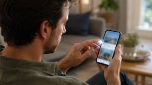 Un homme assis dans son salon fait défiler à deux mains une grille d’images sur son smartphone, au moment de déclencher une capture d’écran.