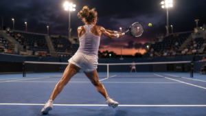 Une joueuse de tennis vue de dos sur un court en dur bleu, en pleine relance sous les projecteurs, tribunes clairsemées.