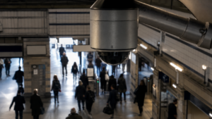 Caméra de surveillance fixée sur un mât au-dessus de l’entrée d’une station de métro, voyageurs flous à contre-jour dans la salle des billets.