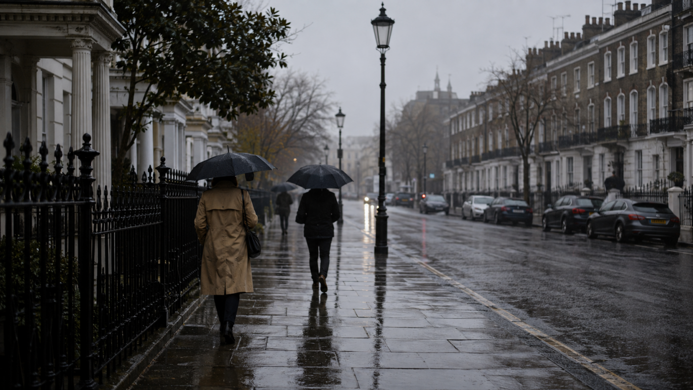 Rue londonienne sous un ciel gris et bas, trottoir mouillé qui reflète la lumière, quelques passants de dos tenant des parapluies dans une bruine fine.