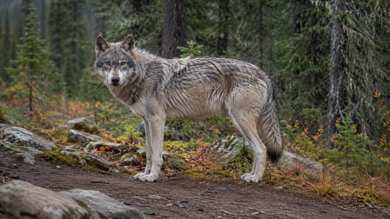 Un loup gris à l’orée d’une forêt de conifères des Rocheuses américaines, un sentier de terre au premier plan.
