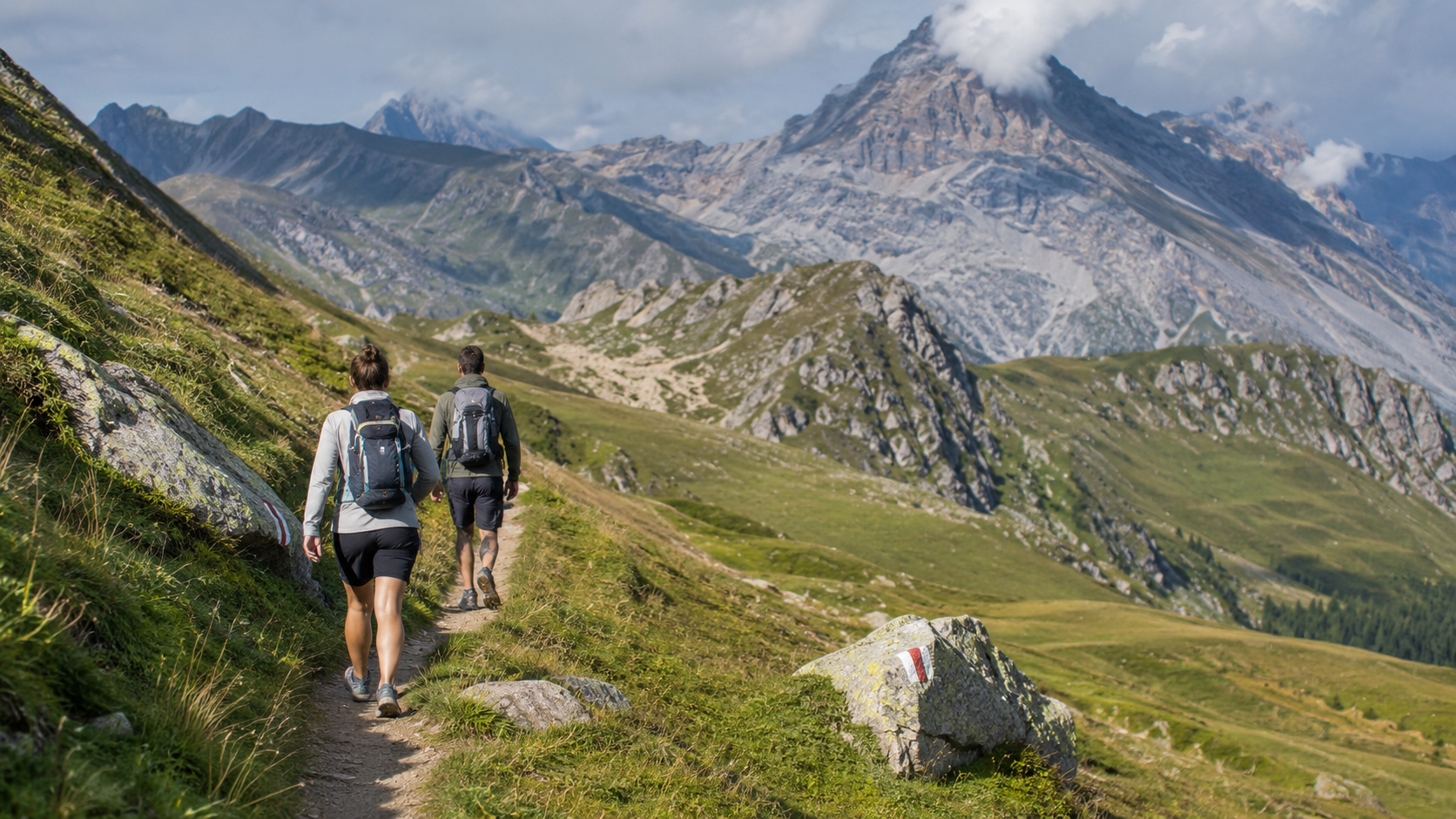 Deux randonneurs de dos sur un sentier balisé d’alpage, dans les Alpes françaises.