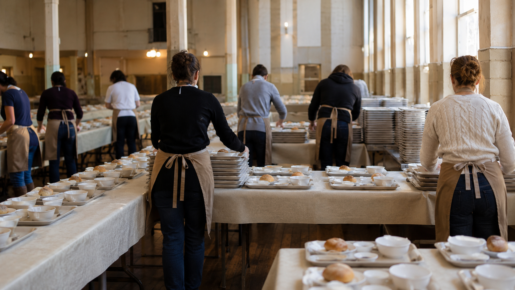 Dans une grande salle à manger collective, des bénévoles en tablier dressent de longues tablées et empilent des plateaux, vus de dos.